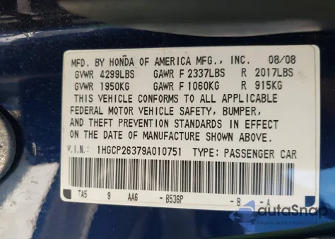 2009 Honda Accord 2.4 Lx из США, поврежденный, VIN 1HGCP26379A010751